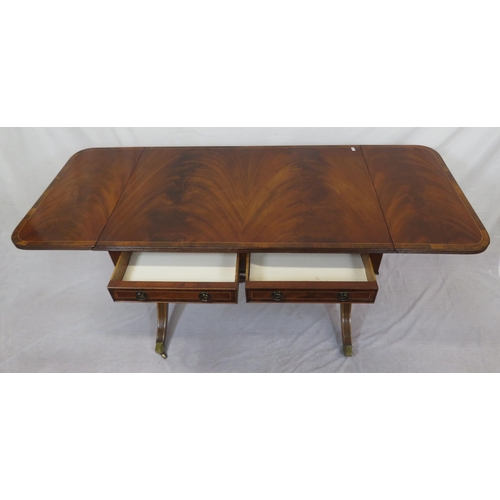 240 - Edwardian design inlaid and crossbanded mahogany sofa table with drop leaves, reeded borders, frieze... 