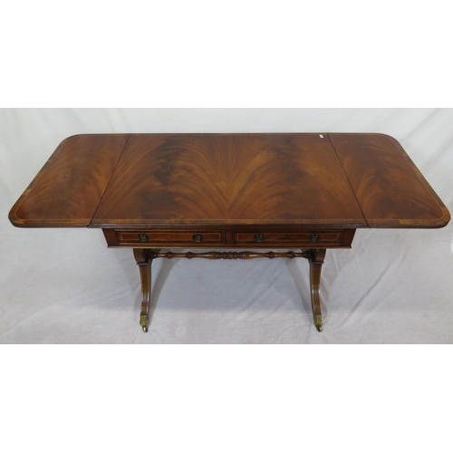 240 - Edwardian design inlaid and crossbanded mahogany sofa table with drop leaves, reeded borders, frieze... 