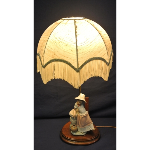 247 - Lladro style electric lamp with figure of a girl by a balustrade