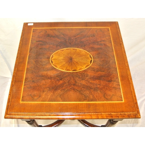 251 - Edwardian design inlaid crossbanded square occasional table with shell motif, frieze drawer, reeded ... 