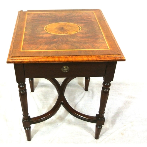 251 - Edwardian design inlaid crossbanded square occasional table with shell motif, frieze drawer, reeded ... 