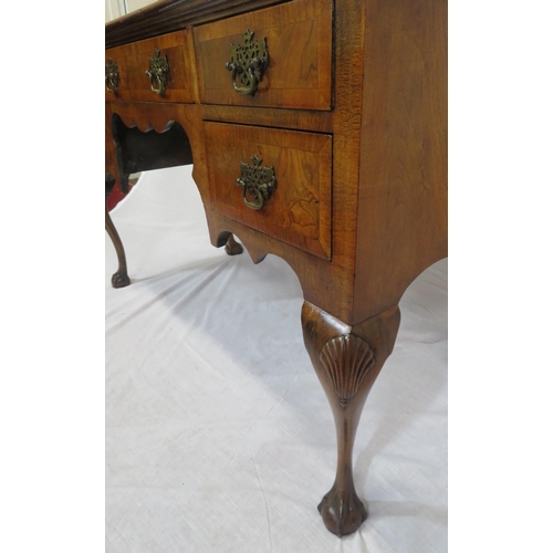 255 - Edwardian crossbanded mahogany and walnut desk or side table with 5 drawers, brass drop handles with... 