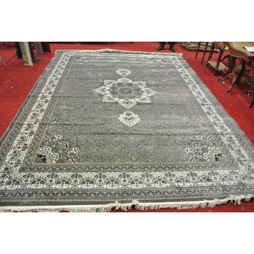 256 - Full pile grey ground Turkish carpet with traditional central medallion design 410 x300 cm