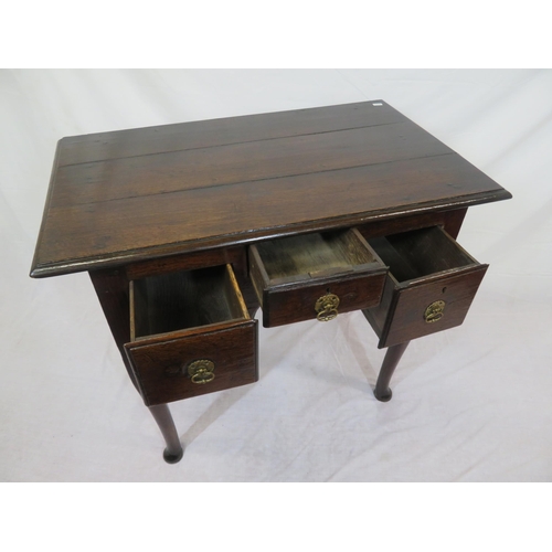 260 - Georgian oak lowboy with 3 drawers, brass drop handles with round backplates, on cabriole legs with ... 