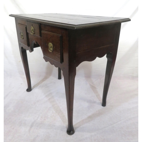 260 - Georgian oak lowboy with 3 drawers, brass drop handles with round backplates, on cabriole legs with ... 