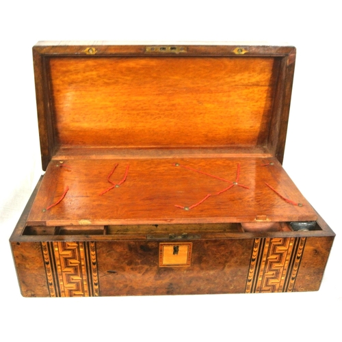 263 - Edwardian inlaid and crossbanded burr walnut writing slope with Chippendale style and herringbone in... 