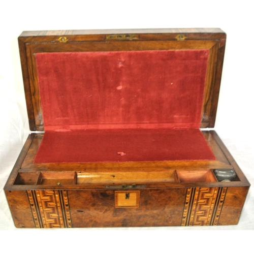 263 - Edwardian inlaid and crossbanded burr walnut writing slope with Chippendale style and herringbone in... 