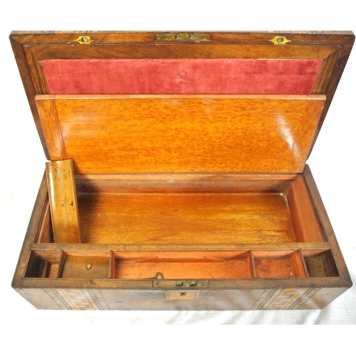 263 - Edwardian inlaid and crossbanded burr walnut writing slope with Chippendale style and herringbone in... 