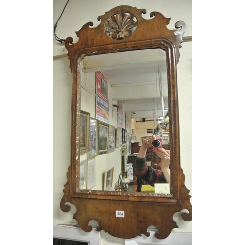 264 - Queen Anne mahogany & walnut wall mirror with ornate pierced & shaped top & base