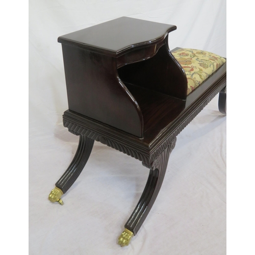 266 - Mahogany telephone or hall table with foliate upholstery, shaped frieze drawer, reeded splayed legs ... 