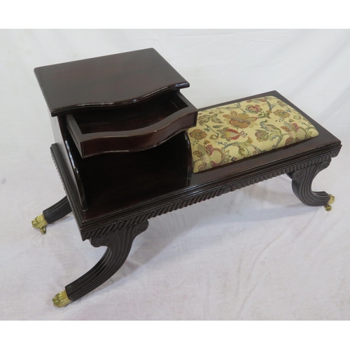 266 - Mahogany telephone or hall table with foliate upholstery, shaped frieze drawer, reeded splayed legs ... 