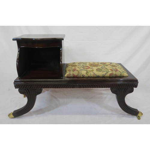 266 - Mahogany telephone or hall table with foliate upholstery, shaped frieze drawer, reeded splayed legs ... 