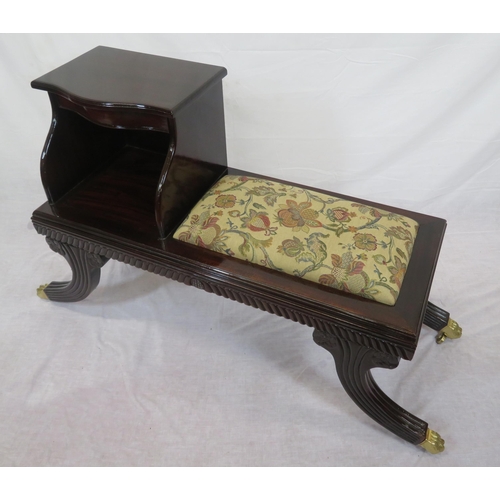 266 - Mahogany telephone or hall table with foliate upholstery, shaped frieze drawer, reeded splayed legs ... 