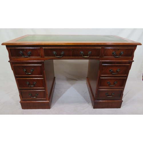 270 - Edwardian style mahogany pedestal desk with leatherette inset, 3 frieze and 6 side drawers with drop... 