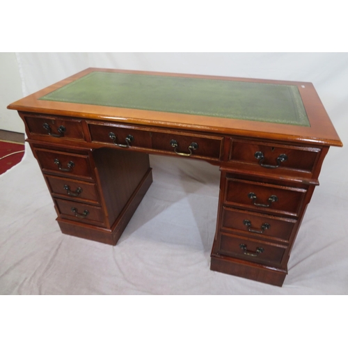 270 - Edwardian style mahogany pedestal desk with leatherette inset, 3 frieze and 6 side drawers with drop... 