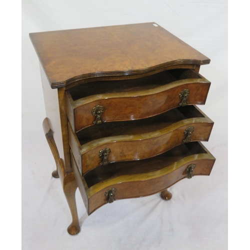 276 - Edwardian walnut serpentine fronted chest of 3 drawers with ornate brass drop handles, on cabriole l... 