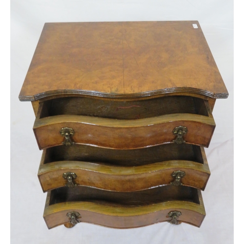 276 - Edwardian walnut serpentine fronted chest of 3 drawers with ornate brass drop handles, on cabriole l... 