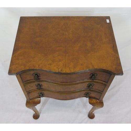 276 - Edwardian walnut serpentine fronted chest of 3 drawers with ornate brass drop handles, on cabriole l... 