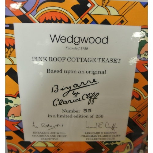 277 - Wedgewood 'Pink roof cottage' teaset, based on original Bizarre set by Clarice Cliffe, No 33/250 in ... 