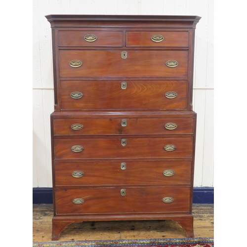 290 - Edwardian mahogany cabinet on chest with oval reeded brass drop handles and escutcheons, on bracket ... 