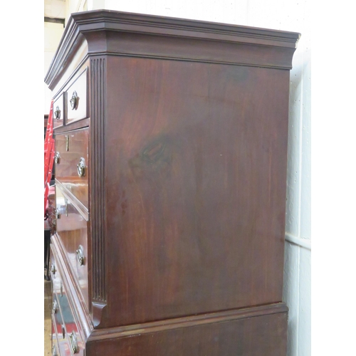 290 - Edwardian mahogany cabinet on chest with oval reeded brass drop handles and escutcheons, on bracket ... 