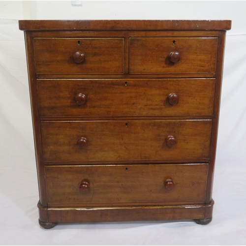 300 - Victorian mahogany chest of 2 short and 3 long drawers with bun handles, on bun feet