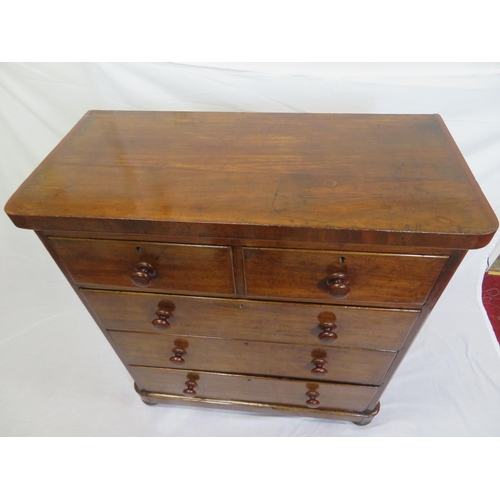 300 - Victorian mahogany chest of 2 short and 3 long drawers with bun handles, on bun feet