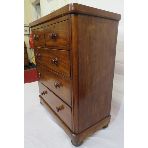 300 - Victorian mahogany chest of 2 short and 3 long drawers with bun handles, on bun feet