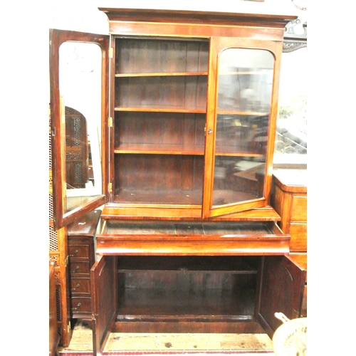 305 - Victorian mahogany bookcase with glazed doors, shelving, drawer, press under, on plinth