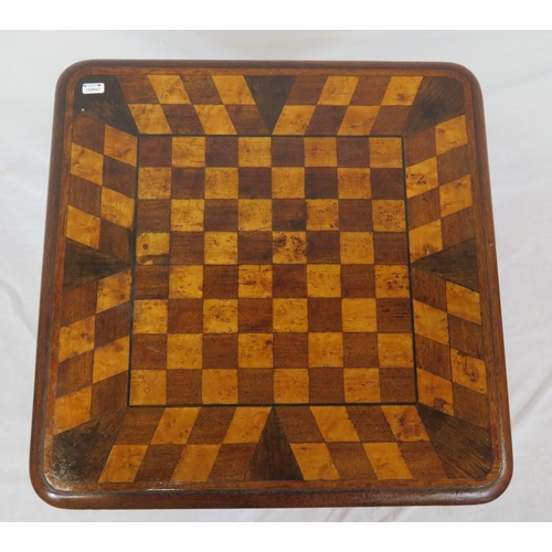 310 - William IV inlaid mahogany, satinwoodand walnut games table with square top, hexagonal tapering colu... 