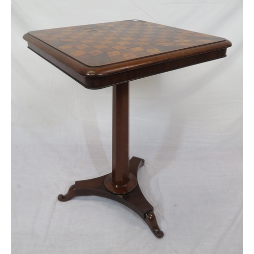 310 - William IV inlaid mahogany, satinwoodand walnut games table with square top, hexagonal tapering colu... 