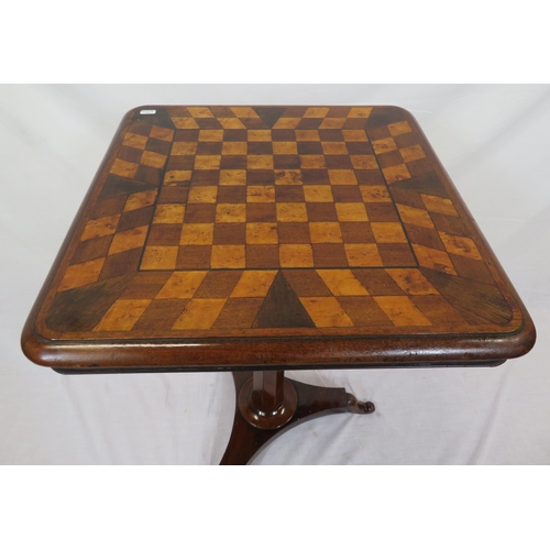 310 - William IV inlaid mahogany, satinwoodand walnut games table with square top, hexagonal tapering colu... 