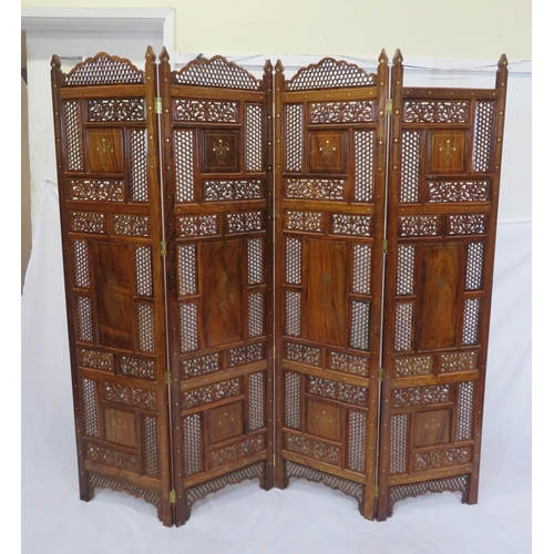 321 - Oriental 4-fold teak screen with ornate pierced foliate decoration and string and floral inlay