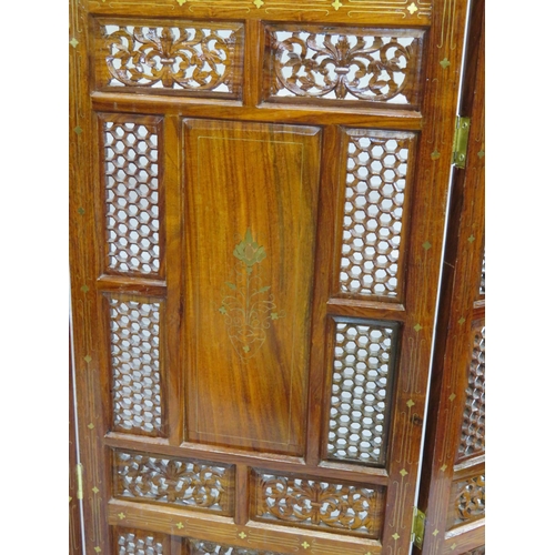 321 - Oriental 4-fold teak screen with ornate pierced foliate decoration and string and floral inlay