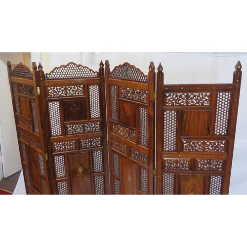 321 - Oriental 4-fold teak screen with ornate pierced foliate decoration and string and floral inlay