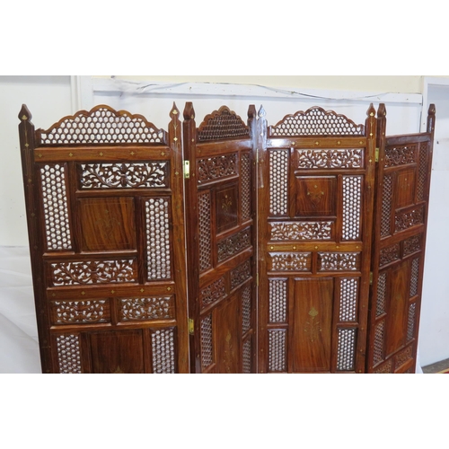 321 - Oriental 4-fold teak screen with ornate pierced foliate decoration and string and floral inlay