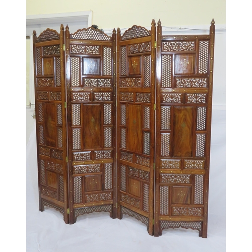 321 - Oriental 4-fold teak screen with ornate pierced foliate decoration and string and floral inlay