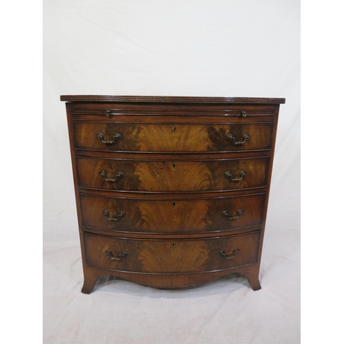 324 - Edwardian mahogany bowfront bachelors chest with shelf, 4 drawers under with drop handles, on bracke... 