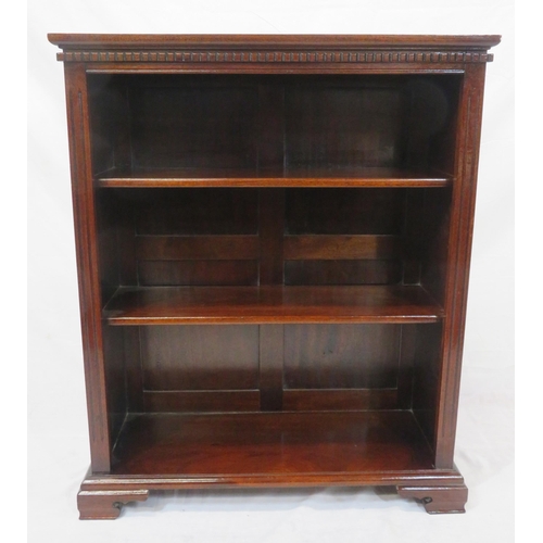 332 - Edwardian style mahogany open bookcase with dentil frieze, on plinth