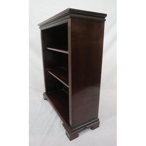 332 - Edwardian style mahogany open bookcase with dentil frieze, on plinth