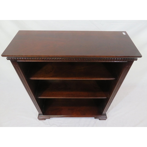 332 - Edwardian style mahogany open bookcase with dentil frieze, on plinth