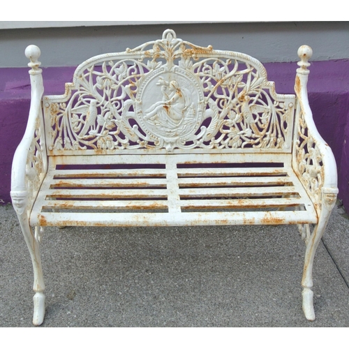 361 - Pair of cast iron garden benches with ornate figured, floral and bird decoration, shaped arms and ho... 