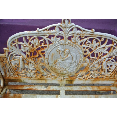 361 - Pair of cast iron garden benches with ornate figured, floral and bird decoration, shaped arms and ho... 