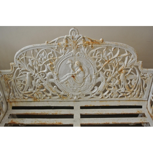 361 - Pair of cast iron garden benches with ornate figured, floral and bird decoration, shaped arms and ho... 