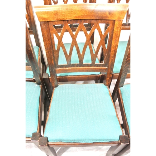 365 - Set of 6 Edwardian style dining chairs with railed back, upholstered seats, legs with stretchers