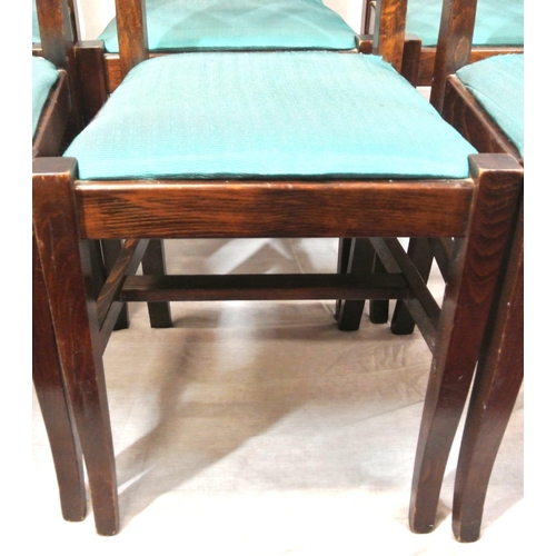 365 - Set of 6 Edwardian style dining chairs with railed back, upholstered seats, legs with stretchers