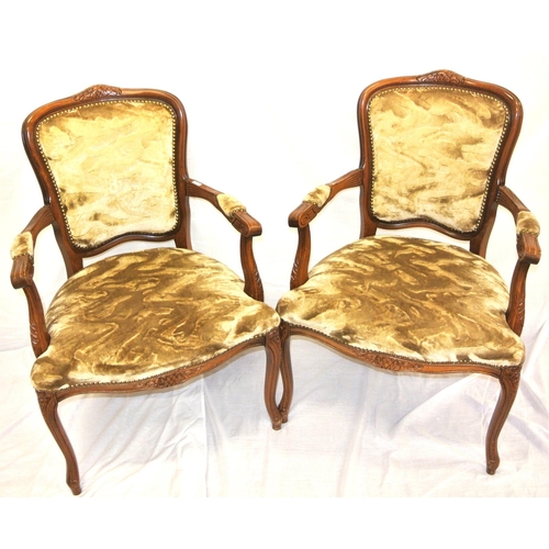 366 - Pair of French style open armchairs with upholstered backs and serpentine fronted seats, shaped arms... 