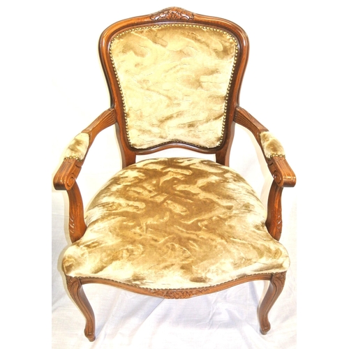 366 - Pair of French style open armchairs with upholstered backs and serpentine fronted seats, shaped arms... 