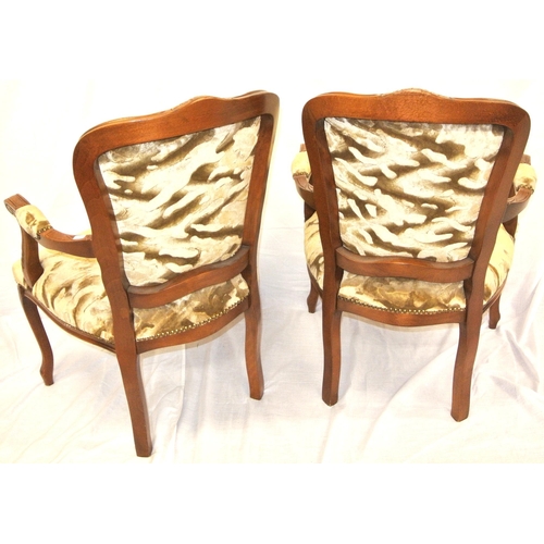 366 - Pair of French style open armchairs with upholstered backs and serpentine fronted seats, shaped arms... 