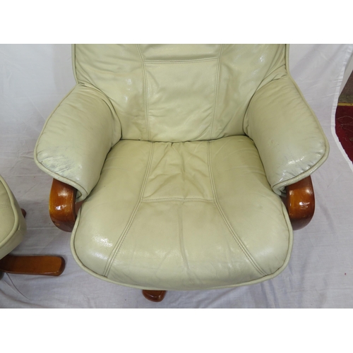 367 - Leather upholstered library armchair and stool with X frame bases